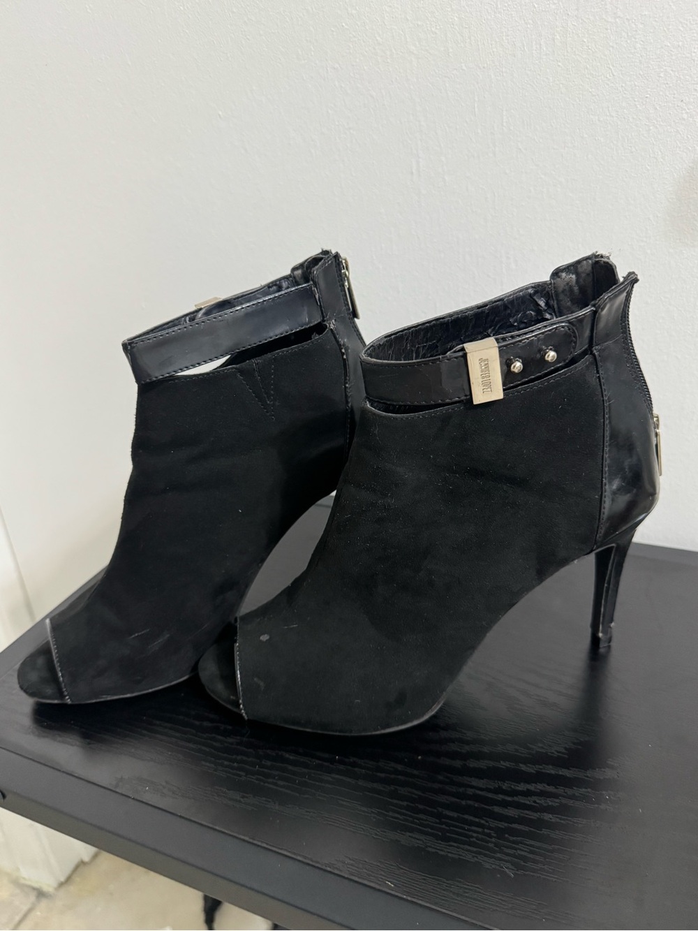 Womens Black Peep-Toe Ankle Booties with Ankle Strap | Size 8.5